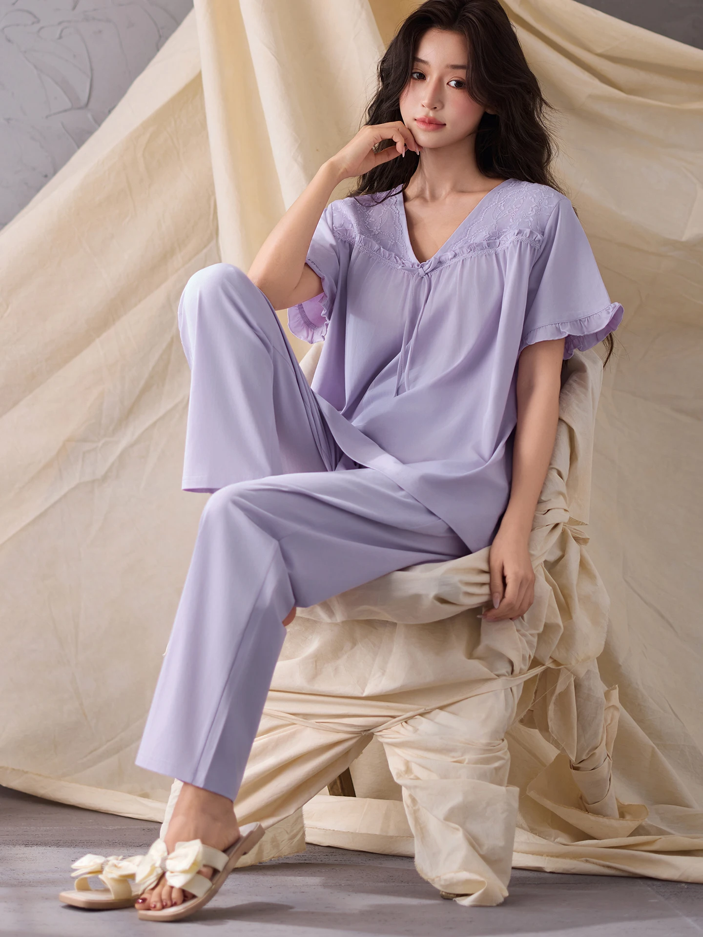 冷却モーダル寝間着セット女性の夏半袖長ズボン薄いホーム服屋外着用可能-v-ネックルーズフィットナイトガウン