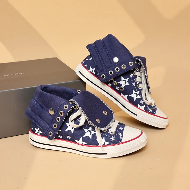 Unisex Star Pattern High‑cut Canvas Shoes Foldable Collar Design Lace‑up Flat Sneakers Breathable Casual Walking Shoes Fashion