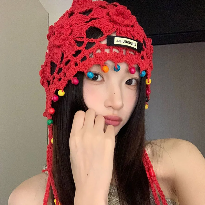 Korean Version Retro Woven Hollow Fringed Flower Beanies for Women Summer Outing Versatile Bohemian Ethnic Style Pullover Hat