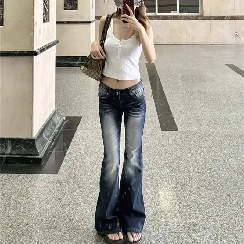 Women Fashion Washed Denim Flares Pants Korean Style Low Waist Slimming Wide Leg Jeans Female Streetwear Sexy Slim Y K Trousers