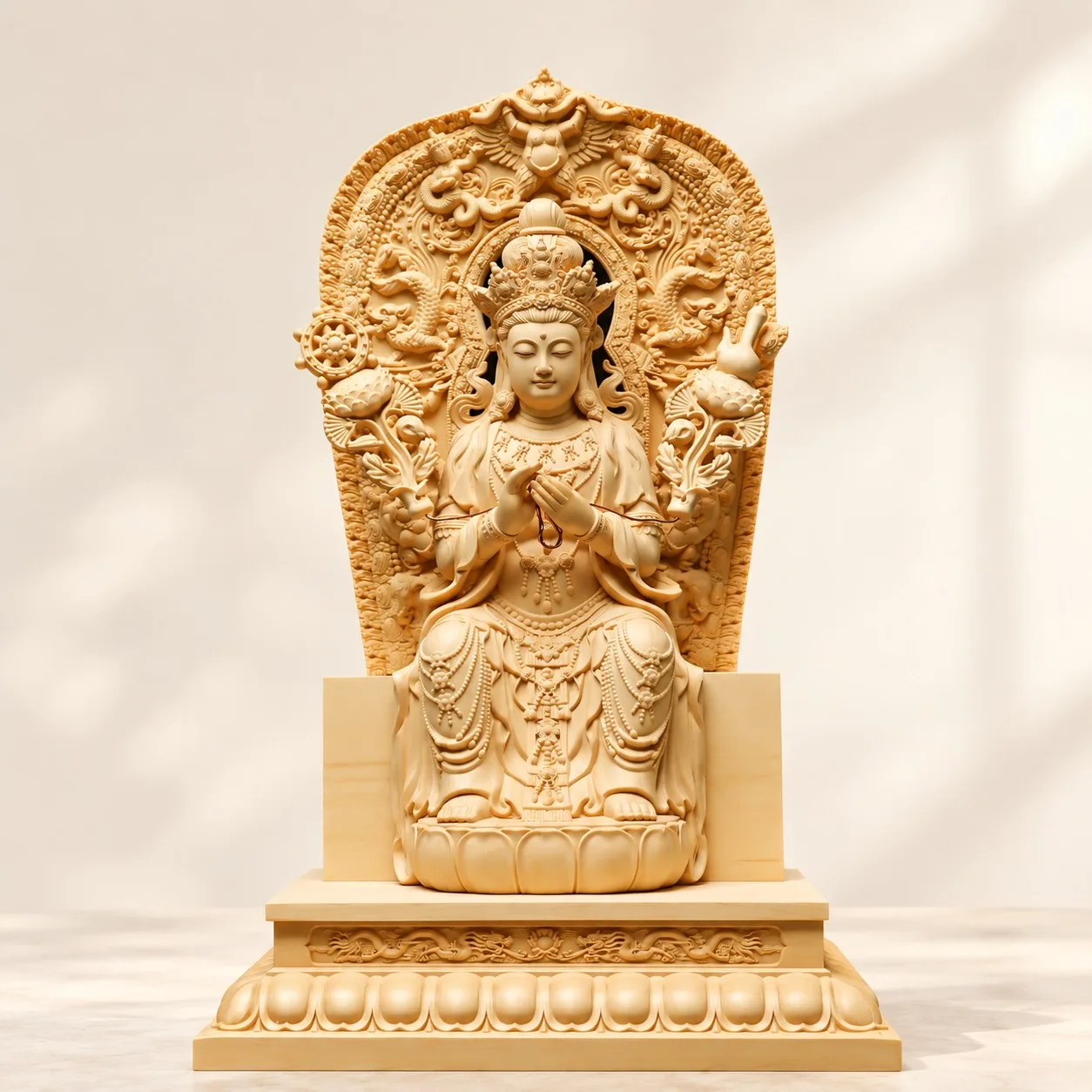 Finely Carved Wood Crowned Maitreya Bodhisattva Statue Chinese Buddhist Traditional Home Altar Living Room Tabletop Decor Gift