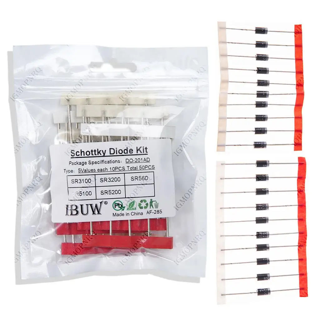 Kit 50PCS=5values*10PCS Schottky Diode Assorted Kit SR3100 SR3200 hjxrhgal SR5100 SR5200 SR560 each 10PCS