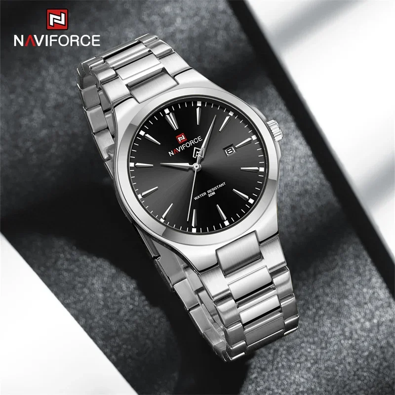 NAVIFORCE Men's Quartz Watch Stainless Steel Strap 30M Waterproof Shock Resistant Calendar Casual Fashion Male Wristwatch
