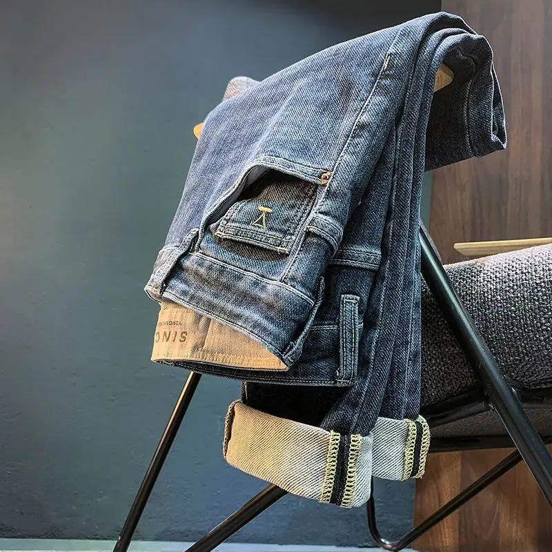 

Мужские зимние джинсы из синего денима, новинка 2025 года, модные, высококачественные, утепленные, эластичные, зауженные, облегающие, длинные брюки для мужчин