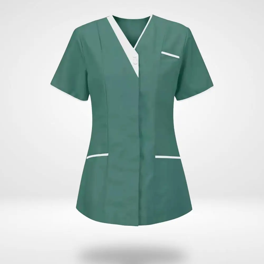 

Women Work Uniform For Nursing Anti Shrink V Neck Short Sleeve Buttons Working T-shirt Solid Pockets Working Uniform T-shirt