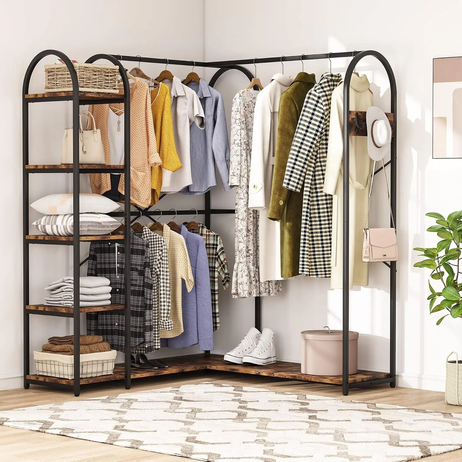 L-Shaped Garment Rack with Shelves & Hooks, Heavy Duty Corner Clothes Stand with Anti-toppling Device, Rustic Brown, Customized