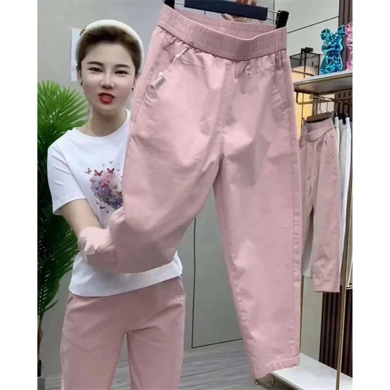 春夏綿カジュアルパンツ 2025 新しい女性韓国高ストレッチウエストハーレムパンツ女性足首までの長さのストレートズボン