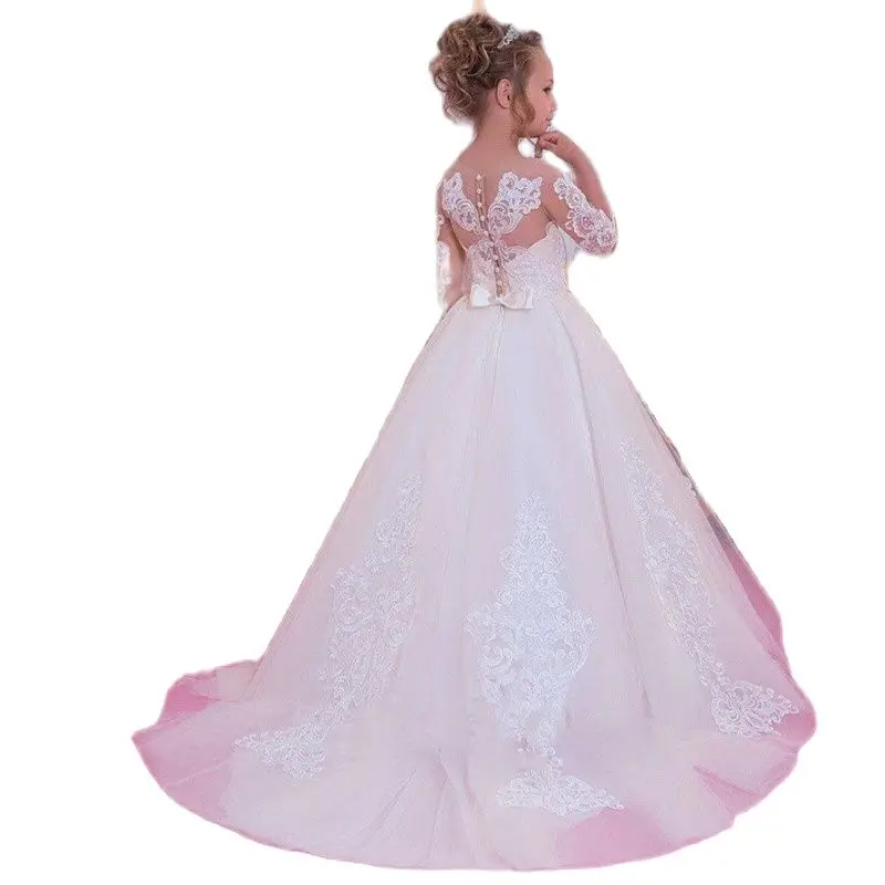 Laço branco applique vestidos da menina de flor para casamento em cascata festa de manga longa princesa menina vestido formal primeiro comunhão vestido