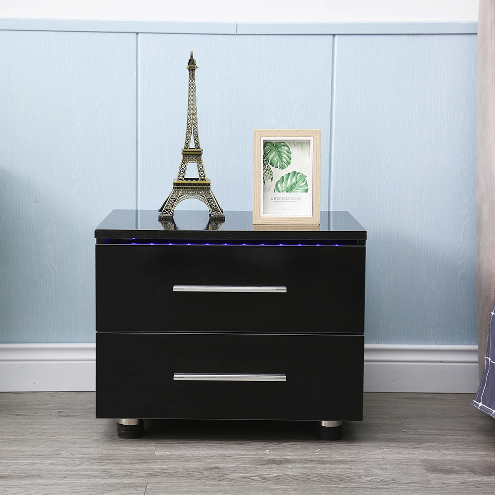 Modern High Gloss LED Lights Nightstand Bedside End Table With 2 Drawers