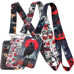 Black Crow Punk Credential Holder Skull Lanyards for Keys Neck Strap ID Card Gym Phone Straps Keyring Accessories Halloween Gift