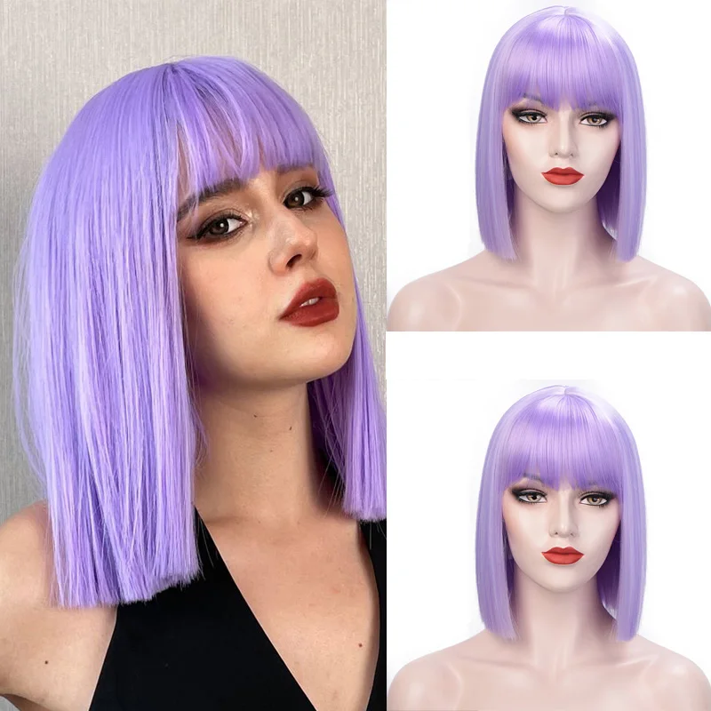 

Belle Show Short Bob Synthetic Wigs With Bangs 12 Inch Natural Straight Wig For Women Black Pink Wig For Party Daily Use