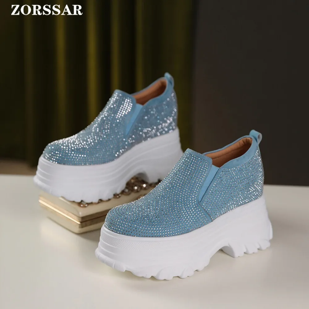 2024 New Spring Blue Crystal Hidden Wedge Heels Casual Shoes Woman Platform Sneakers Elevator High-heels Walking Sneakers Women