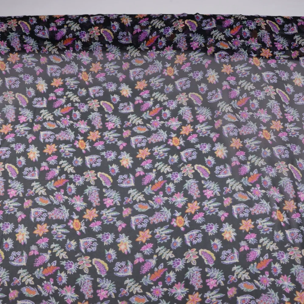 Purple Flowers Breathable Light Weight Wonderful Silk Georgette Fabric for Lady Wife Saree Women Dresses Clothes Apparel Scarf