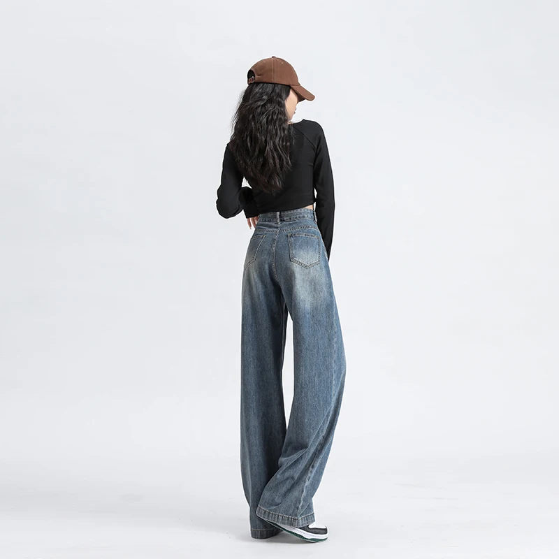 Pantalones vaqueros de cintura alta para mujer, ropa de mezclilla de algodón de pierna ancha, Pantalones rectos, pantalones casuales azules Retro