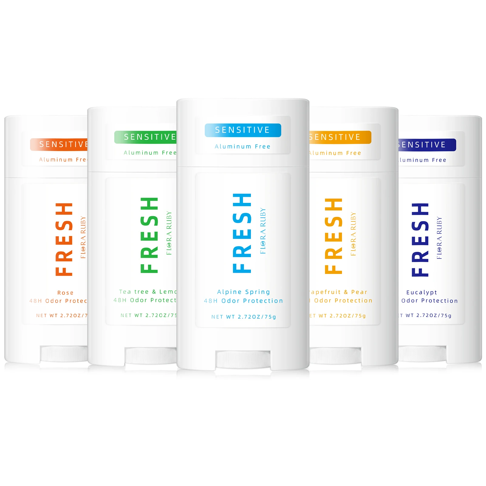 FLORA RUBY Deodorant Stick for Sensitive Skin, Aluminum Free, 48H Odor Protection, Long Lasting Freshness, 75g, 5 Scents