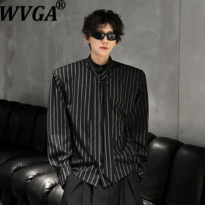 WVGA Spring Autumn New Men Tide Streetwear Padded Shoulder Vintage Trendy Tie Design Striped Shirt Niche Chic Casual Tops W16847