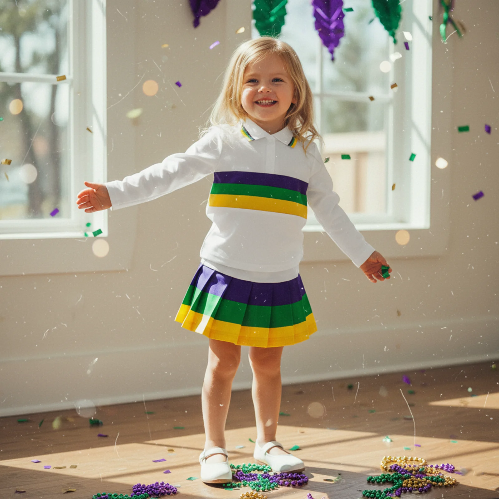 

2Pcs Toddler Girl Carnival Outfit Long Sleeve Lapel Collar Upper Button Shirt and Elastic Waist Pleated Skirt Set