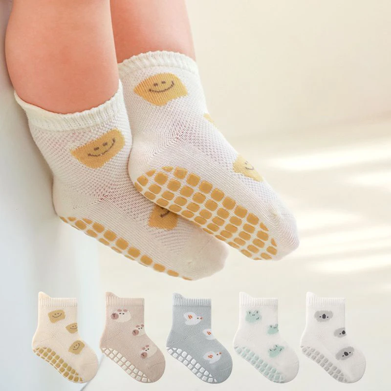 5 Pairs Baby Socks Summer Thin Mesh Breathable Cotton Newborn Baby Cartoon Full Sole Non-Slip Learning Walk Socks