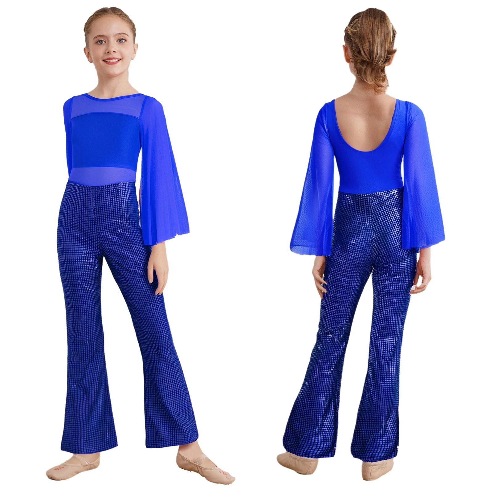 

Kids Girls Jazz Latin Dance Jumpsuit Long Flared Sleeves Sheer Mesh Patchwork Metallic Plaid Bell-Bottom Rompers Disco Dancewear
