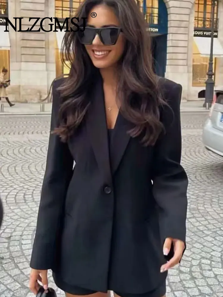 Nlzgmsj TRAF Women Black Blazer Lapel Long Sleeve Loose Fit Jacket Tide Spring Autumn Jacket 2023 Coat Women