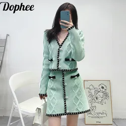 Dophee Fashion Lady Two-piece Set Mint Green Drilling Button Long Sleeve Knitted Cardigans Coat + Short A-line Skirt Women Suits