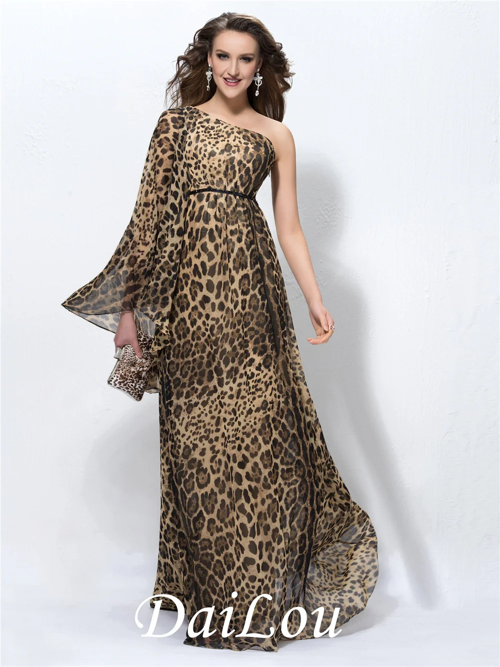 Linha a um ombro manga longa varredura/escova miçando leopardo impressão vestido de noite com printcloth