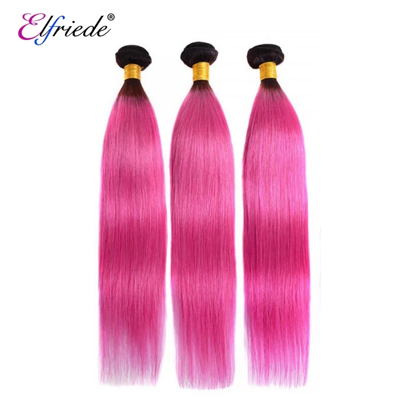 Elfriede #T1B/Pink Straight Ombre Colored Hair Bundles with Closure Brazilian Human Hair Weaves 3 Bundles with Lace Closure 4x4