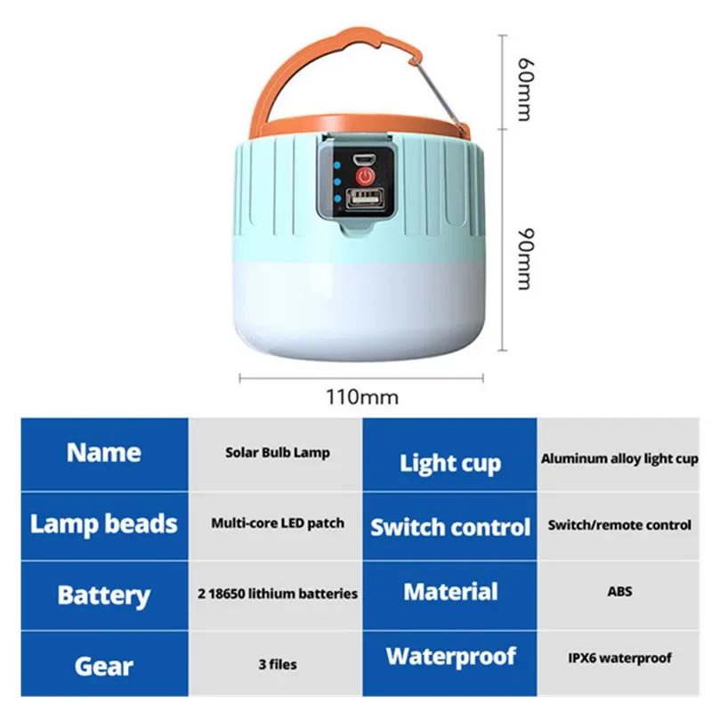 New LED Solar Camping Light USB Rechargeable Bulb Outdoor Tent Lamp Portable Lanterns Emergency Night Lamps for Hiking Fishing