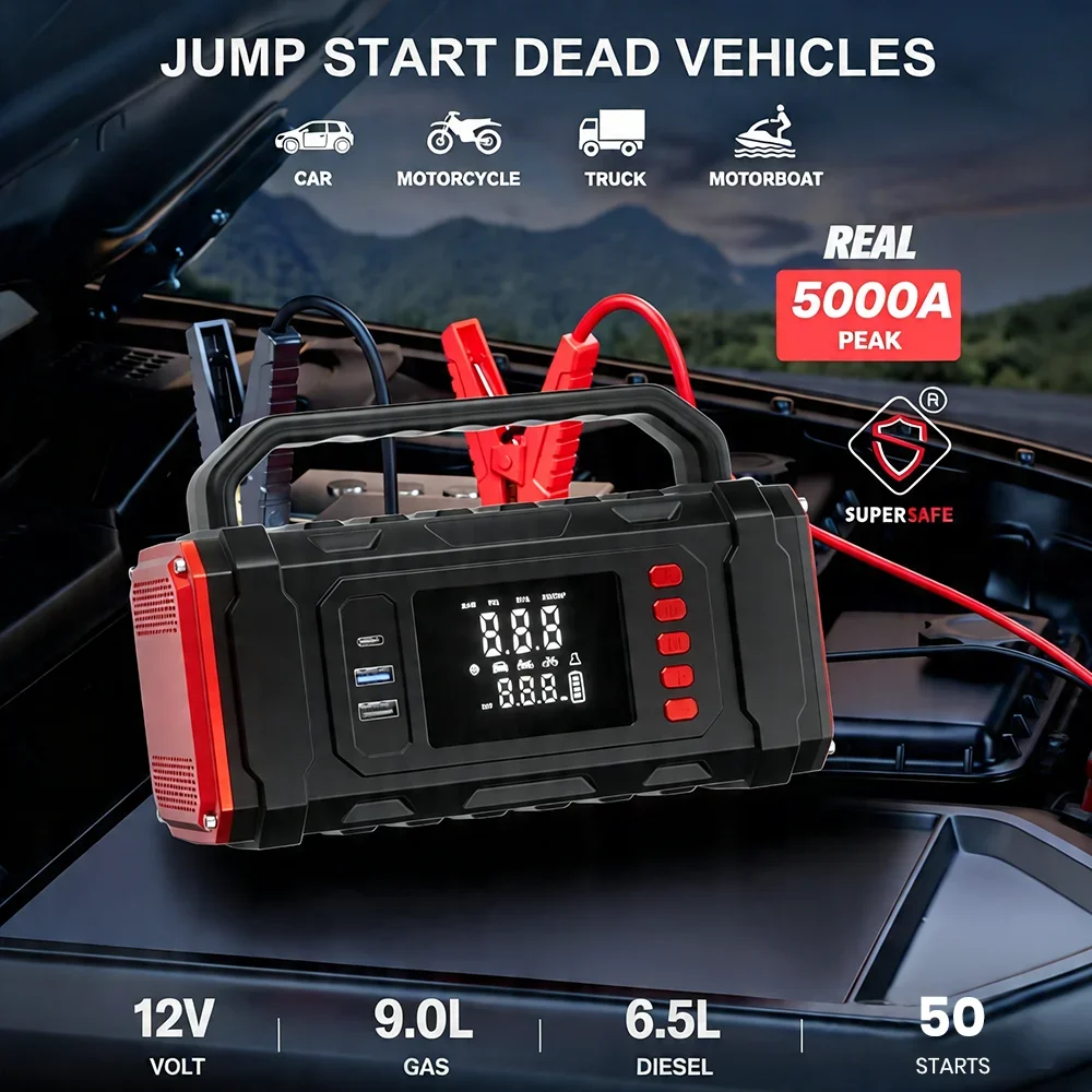 5000A Peak Car Battery Starter with 150PSI Tire Inflator Pump Air Compressor 12V Car Battery Starter Power Bank