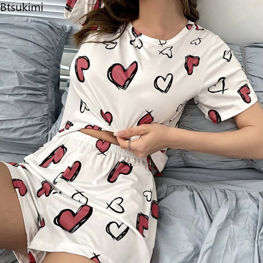 

2025 Women's Summer Pajama Sets Sweet Cute Heart Love Print Sleepwear Comfortable Short Sleeve Tops+Shorts Lounge Homewear Femme