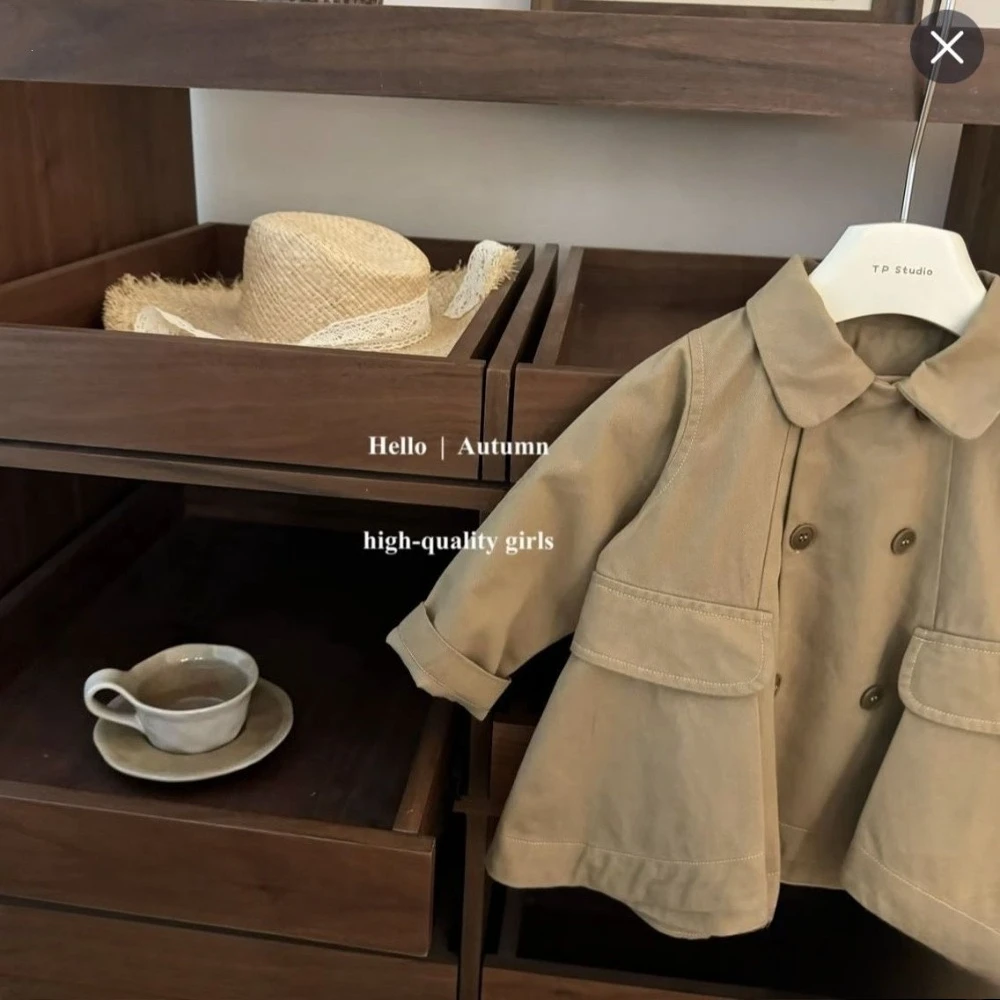2026 Autumn Girls British Style Khaki Lapel Coat, Fashion Turn Down Collar Jacket Casual Outerwear For Kids  for 80-130cm