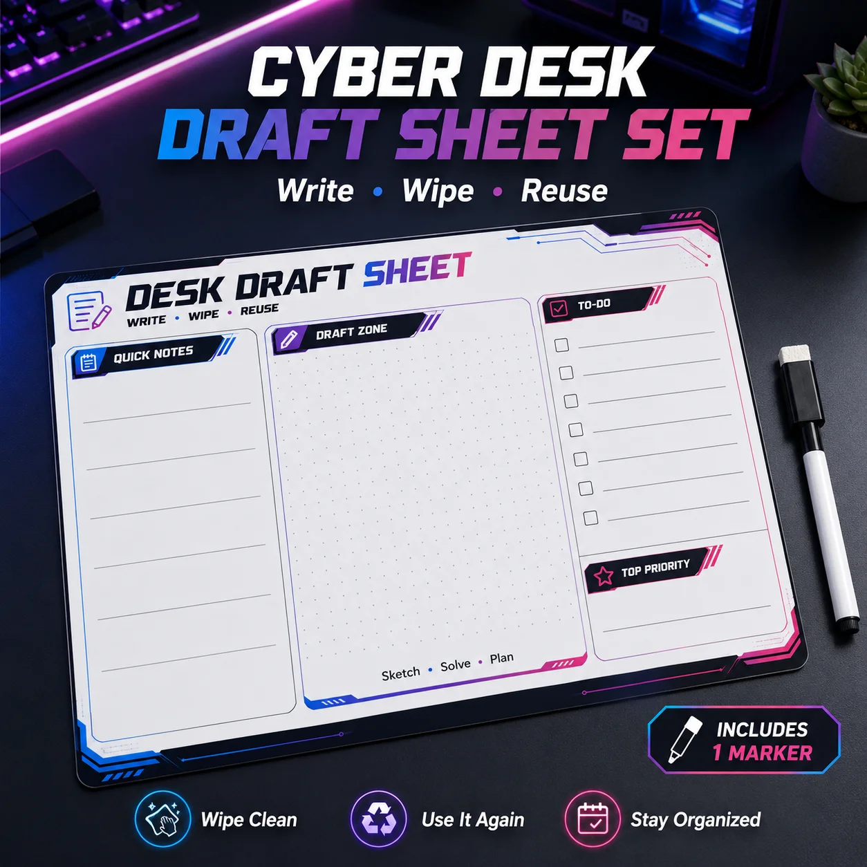 Cyber Style Reusable Dry Erase Desk Draft Sheet Set with Marker, Self-Adhesive Desktop Writing Pad for Notes & To-Do Lists