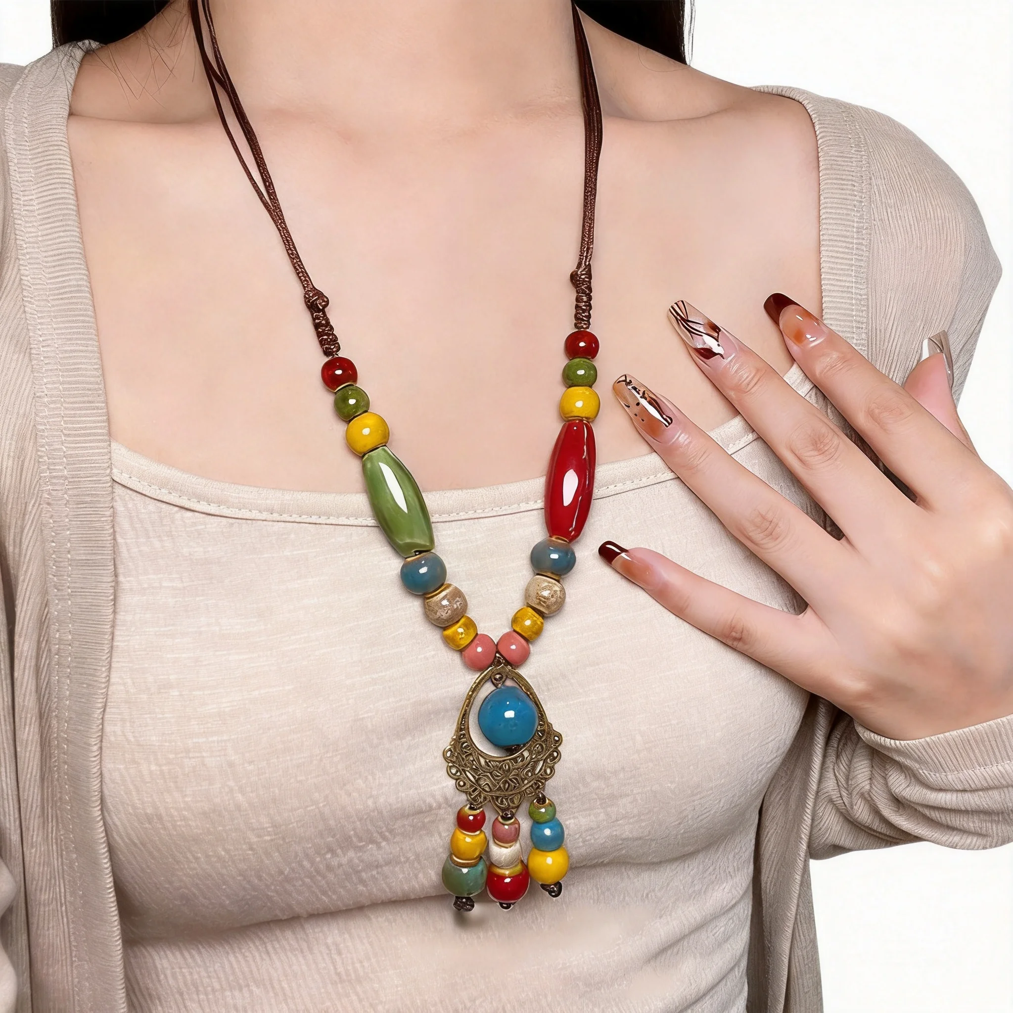 Snqp Traditional Chinese Lucky Colorful Ceramic Beaded Tassel Necklace Women Vintage Ethnic Style Long Sweater Chain Good Fortun