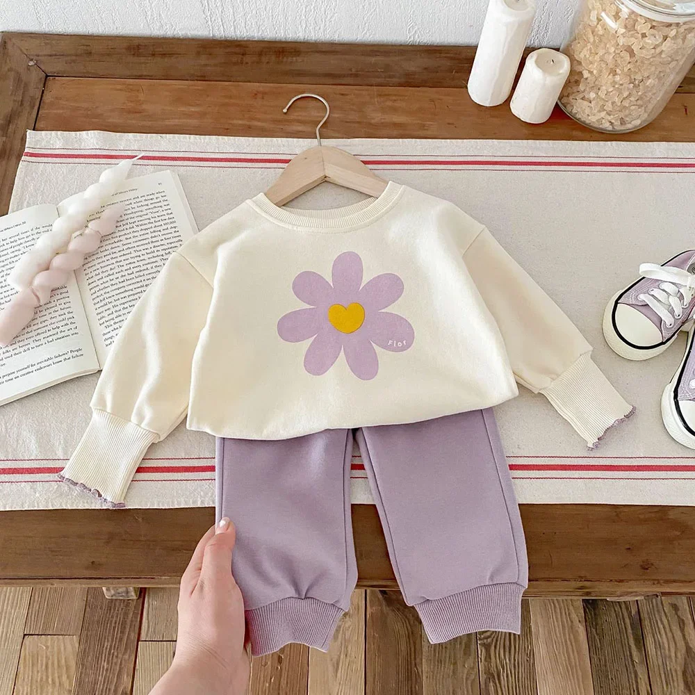 Autumn Baby Clothing Set Korean Style Girls Flower Print Infant\'s Suit Fashion Cotton O-neck Top+Pants 2Pcs Baby Outfit