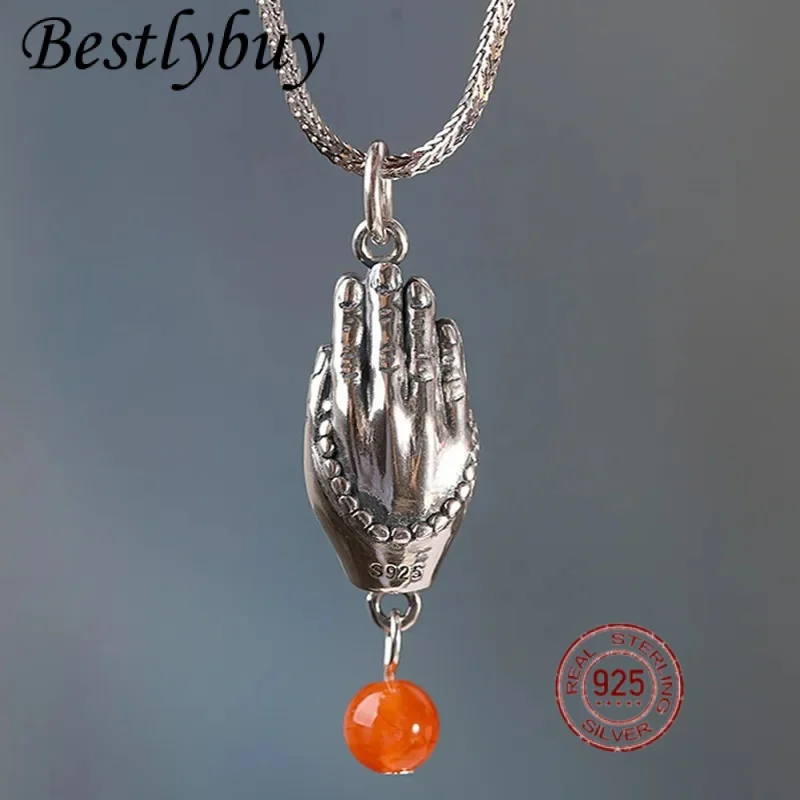 

Wholesale Jewelry S925 Pure Silver Simple Fashion Retro Men's and Women's Prayer Hand Pendant