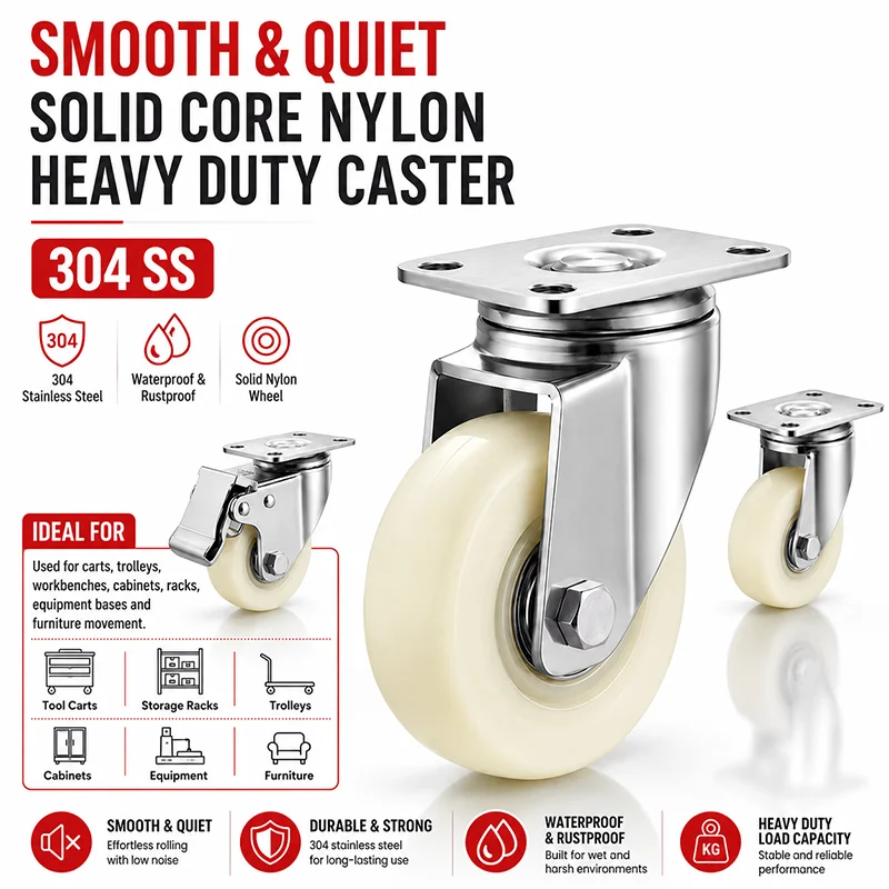 Heavy Duty 304 Stainless Steel Nylon Caster Wheels 2.5/3 Inch Plate Mount Swivel Rigid Brake Castors for Trolley Cart Furniture