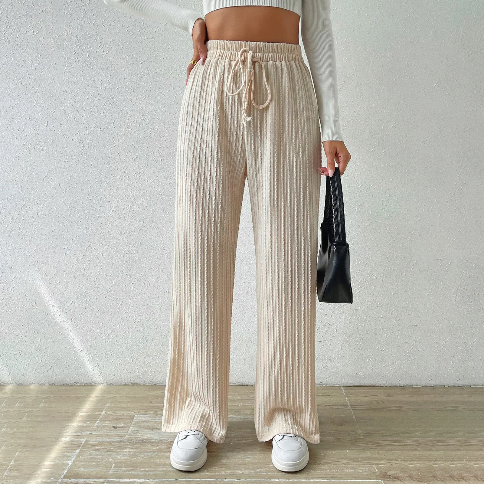 Women Knit Wide Leg Pants Textured Bow Elastic Waistband Loose Casual Pull On Sweater Trousers