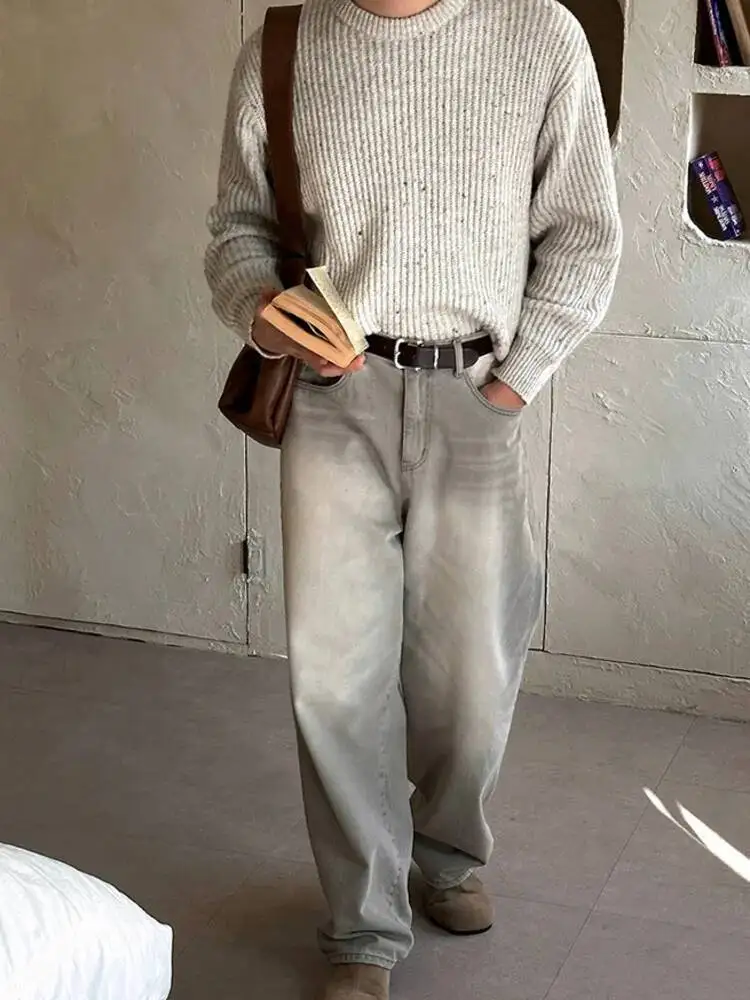 

Новинка 2025, осенние мужские джинсы контрастного цвета, потертые, прямые свободные джинсовые брюки, универсальные винтажные мужские джинсы