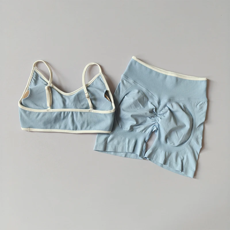Color Block Yoga Suit Seamless with Chest Pad Tight Sports Bras Outside Wear Running Exercise Fitness Yoga High Waist Shorts Set
