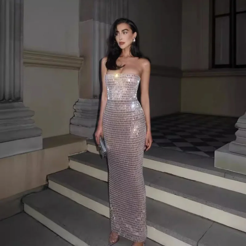 2025nova chegada verão novo brilhante strass sexy pura malha vestido sem alças elegante socialite vestido de festa