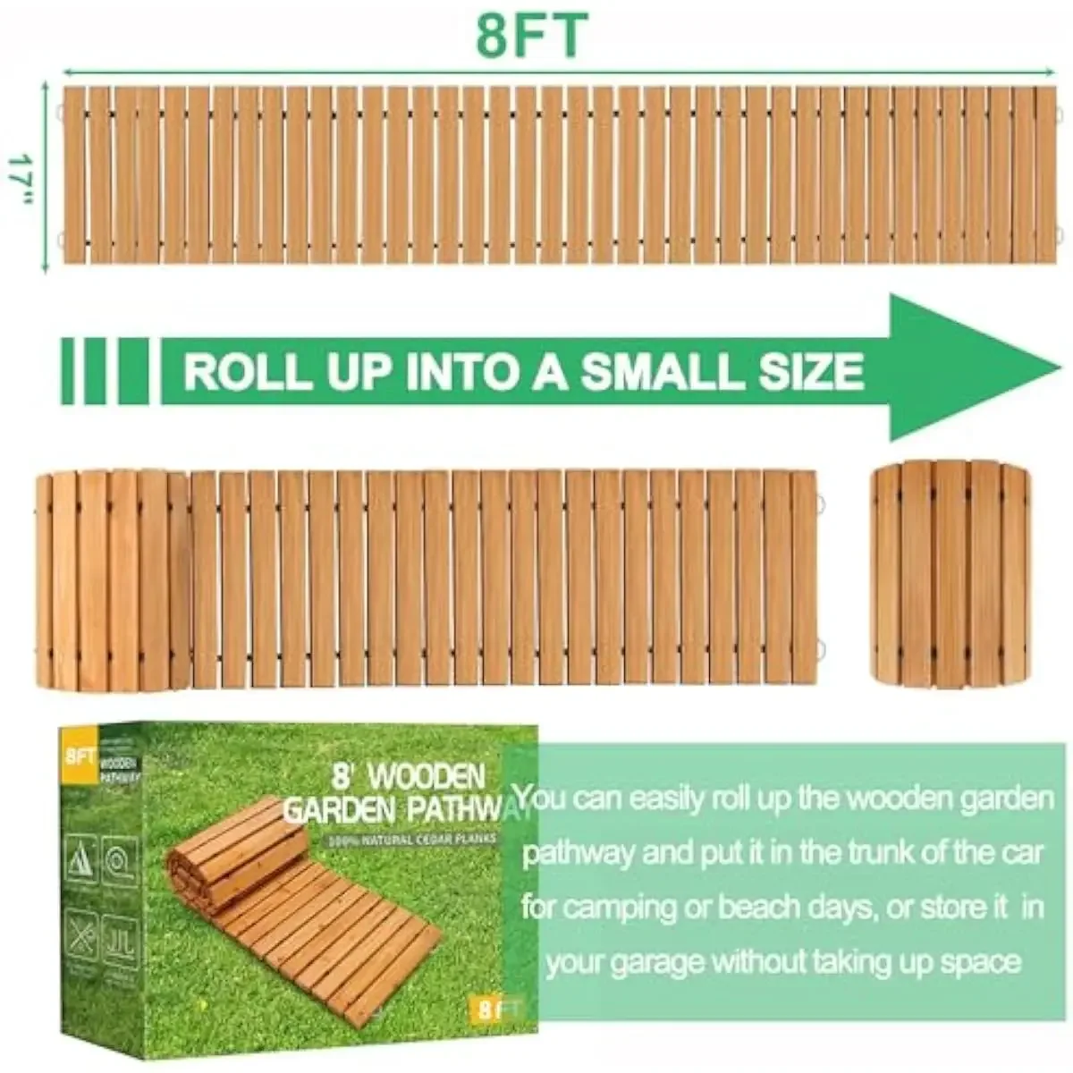 8 FT Natural Cedar Roll-Out Pathway | Rustic Straight Wood Walkway for Gardens Patios Beaches | Weatherproof Slip-Resistant Outd