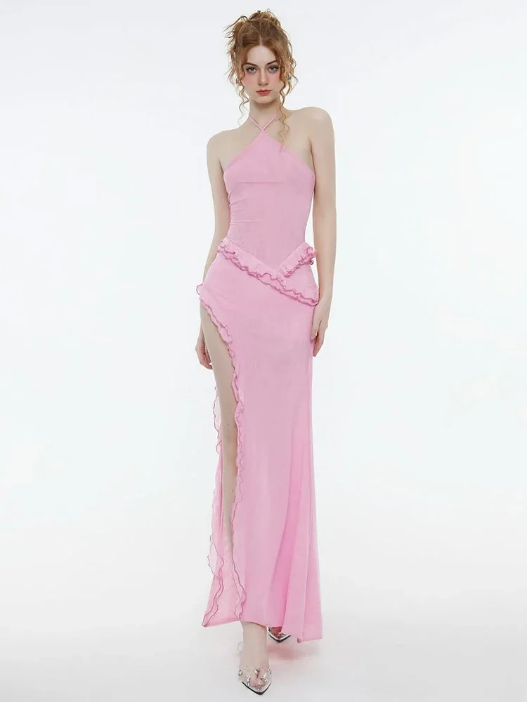 レースアップホルタードレス女性のセクシーなレースのパッチワークタッセルシースルー背中の開いたサイドスリットミッドナイトクラブウェアパーティー Vestidos