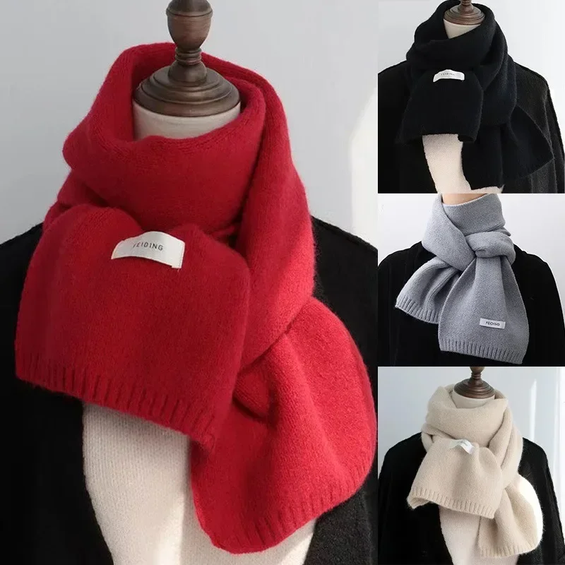 Fashion Winter Women Solid Color Scarf Windproof Neck Cover Knitted Thickend Warm Korean Vintage Red Scarfs Girl Christmas Gifts