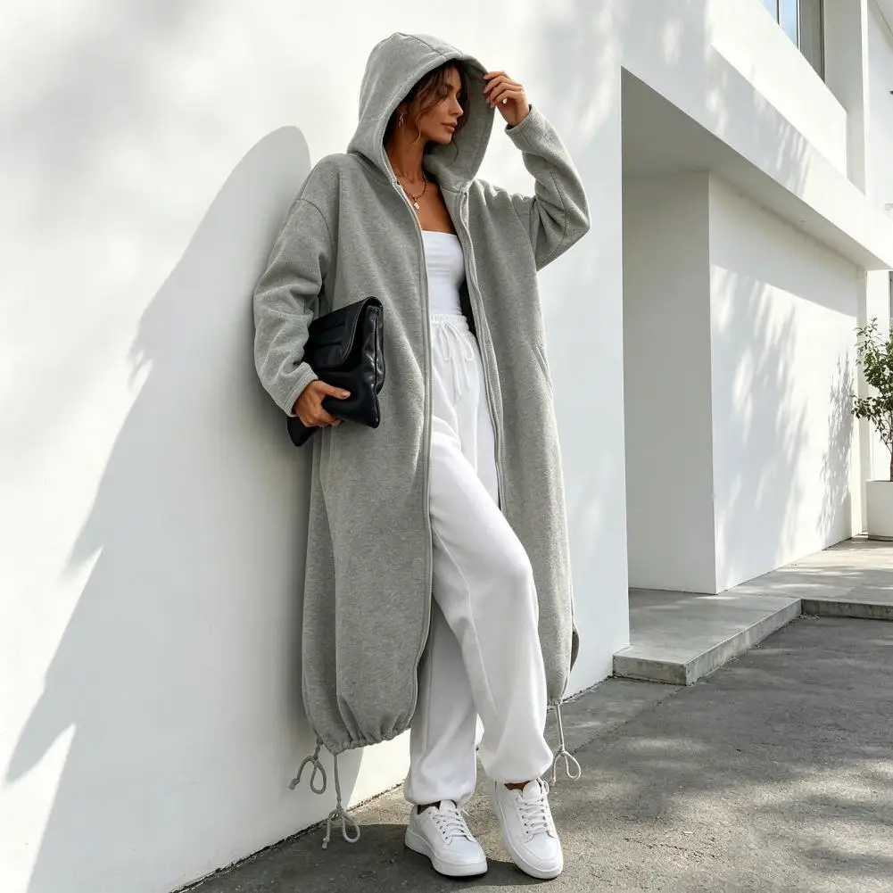 Women Long Hooded Jacket for Fall Winter,Oversized Casual Zip-Up Coat, Solid Color Tunic Hoodie Top with Pockets