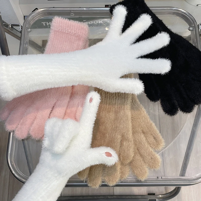 Gants en cachemire pour écran tactile pour femmes, chauds d'hiver, élastiques, doux, doigts complets, en peluche, en fausse fourrure tricotée