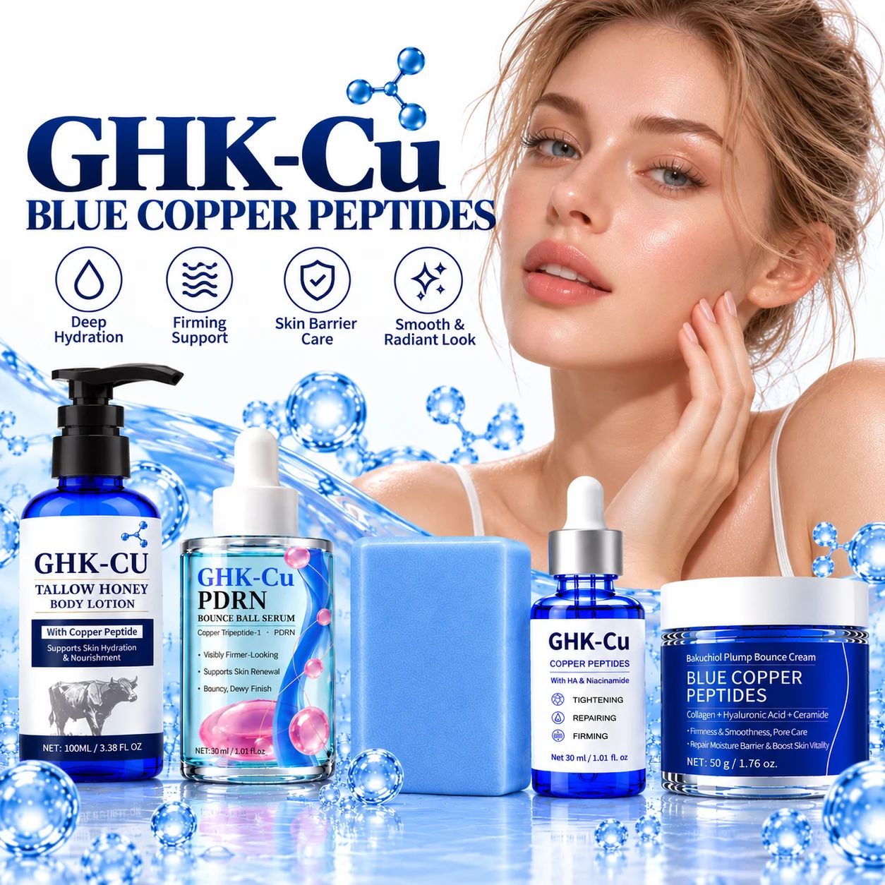 5-Piece GHK-Cu Copper Peptide Skincare Set with PDRN Bakuchiol Tallow Soap Cream Serum Body Lotion