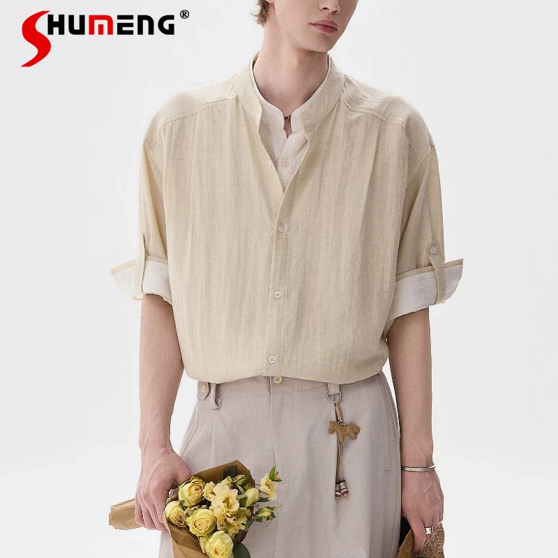 

Men's 2026 Summer New Loose Comfort Breathable Half-sleeve Tops Color Matching Shirt High-end Stand Collar Faux Two-piece Shirts