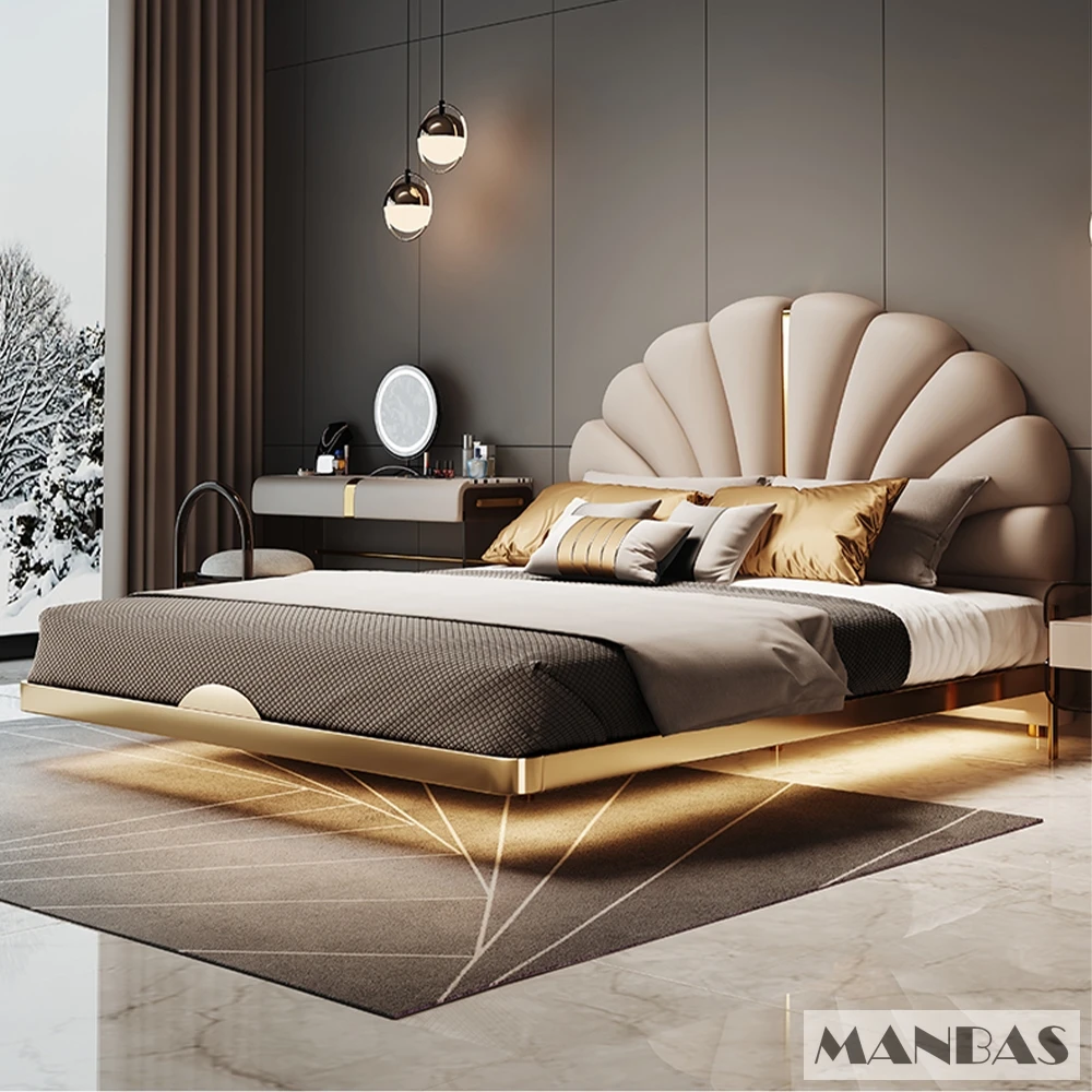 MANBAS Genuine Leather Suspended Bed with Sensor Light, Double Rectangle Petal Bed Frame with Stainless Steel, Nordic Camas