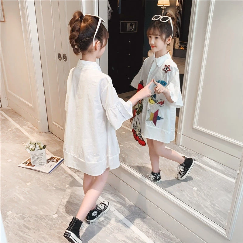 Sequins Kids girls Shirts dress Teenagers Summer Tops Long Shirts for Girls 2023 Teen White Blouse 6 8 10 12 14 Years Clothes