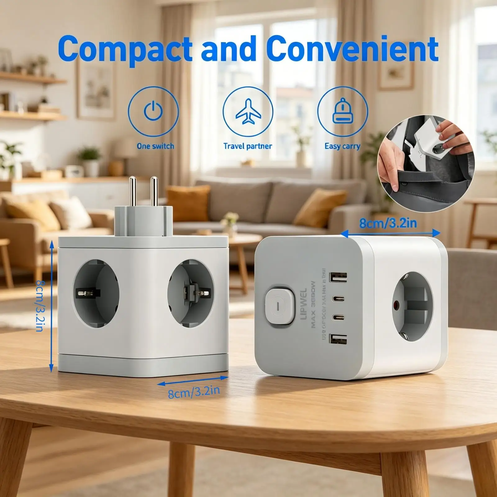 EU 7 in 1 Multi Plug Adapter 3 AC Outlets 2 USB A 2 USB C Cube Power Socket for EU Europe Travel Home Office White,Black